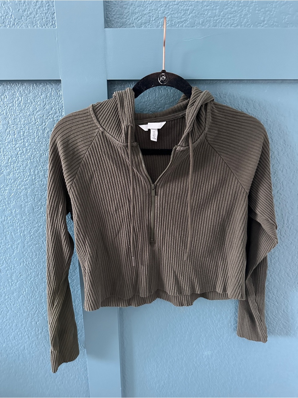 H&M Olive Ribbed Half-Zip Cropped Hoodie